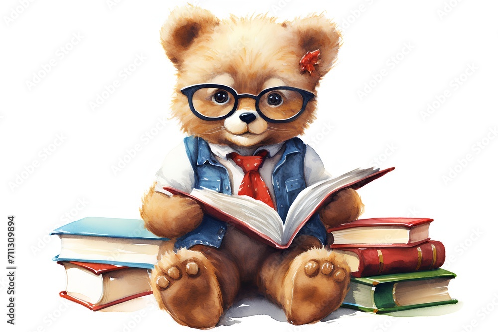 Cute teddy bear with glasses and books. Watercolor illustration Cute teddy bear with glasses and books. Watercolor illustration