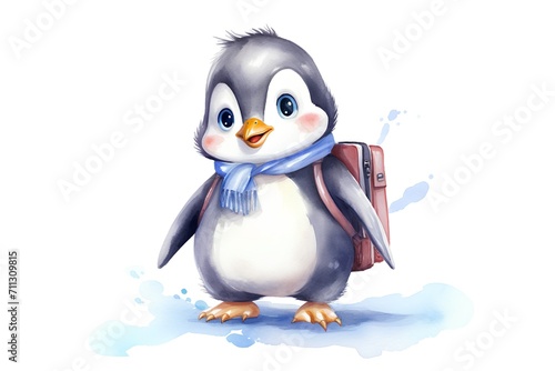 Cute cartoon penguin with a backpack. Watercolor illustration. © hungryai