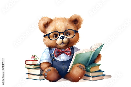 Teddy bear in glasses with books on a white background. Vector illustration.