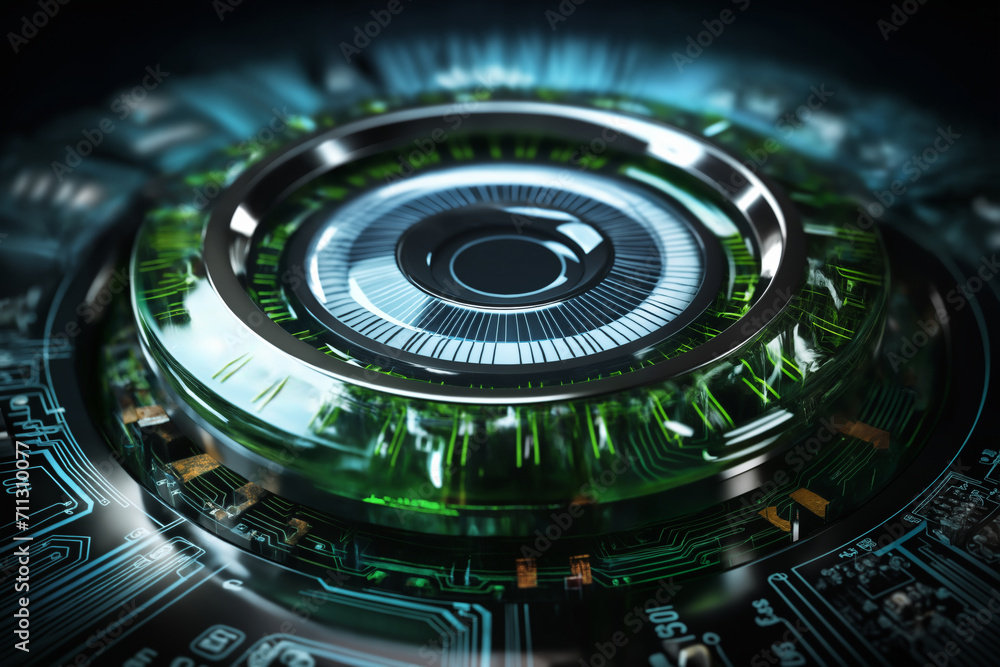 a hybrid of a digital eye and a lens on a printed circuit board, a ...