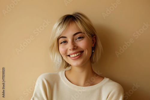 Radiant Youth, Smiling Gen Z Blonde Woman in Happy Portrait