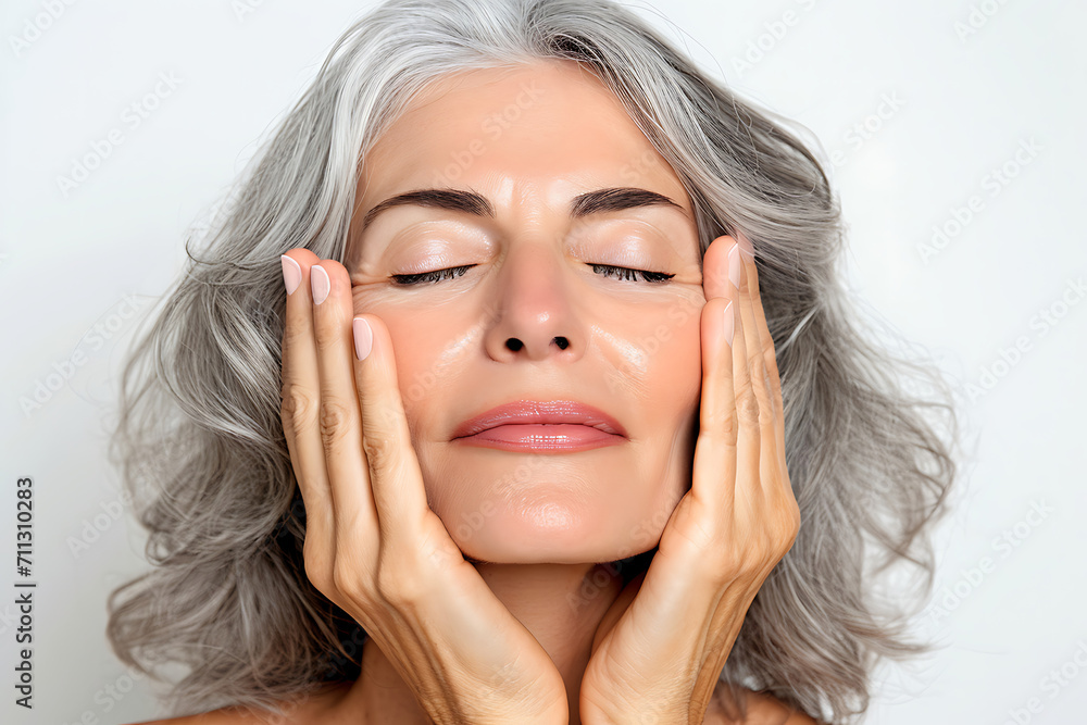 Skincare Elegance, Older Woman Demonstrates Anti-Age Lift Results on isolated white background Skincare Elegance, Older Woman Demonstrates Anti-Age Lift Results on isolated white background