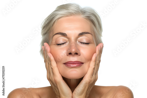 Skincare Elegance  Older Woman Demonstrates Anti-Age Lift Results on isolated white background