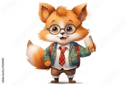 funny fox in glasses with a book on a white background. photo