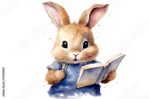 Cute cartoon rabbit with book. Watercolor hand drawn illustration. © hungryai