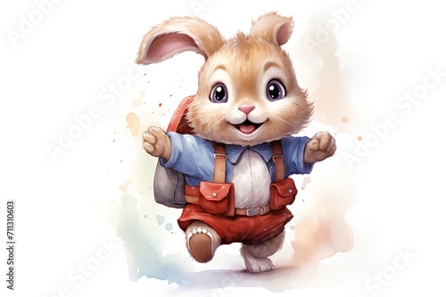 Cute cartoon rabbit with backpack. Watercolor hand drawn illustration. © hungryai