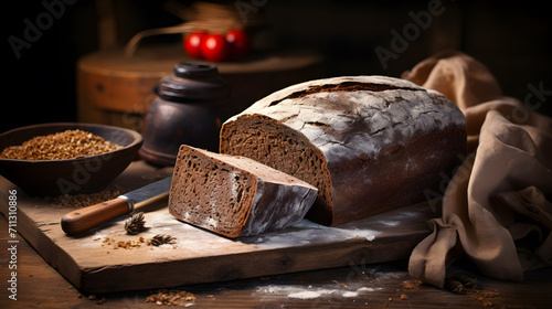 Freshly baked rye bread sliced and presented on a dark rustic background photo