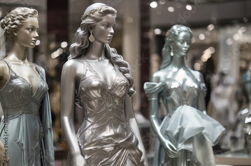 Shiny female mannequins in silver dresses at the clothes store. AI generated