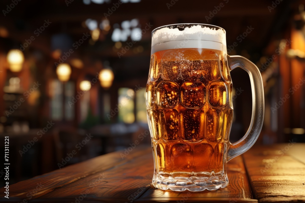 Beer Mug in a Pub Setting, on an isolated Mahogany background, Generative AI