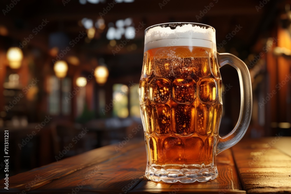 Beer Mug in a Pub Setting, on an isolated Mahogany background, Generative AI Beer Mug in a Pub Setting, on an isolated Mahogany background, Generative AI