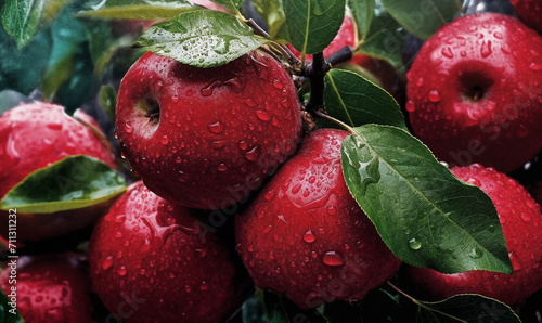 a bunch of red apples with water droplets on them and leaves on them, with a green leafy branch, generative ai