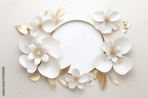 Happy women s day. Mother s day. 8 march. Flowers on stem with leaves  white Blossom floral bouquet in plastic 3d realistic render or paper cut. banner