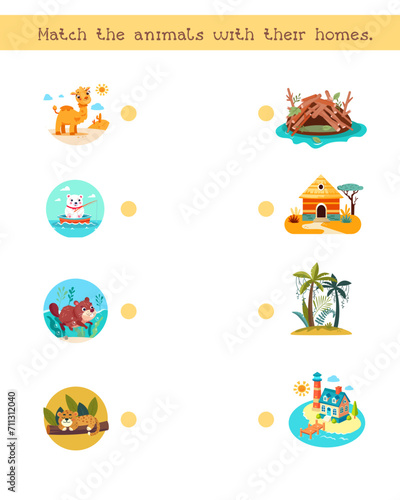 Puzzle game for preschool children. Activity for kids. Lead animals to their homes. Cartoon vector illustration. 