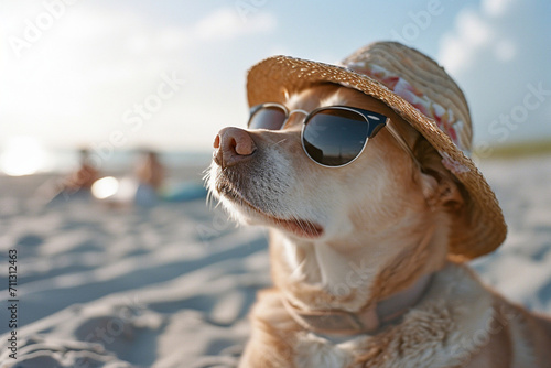 portrait of dog wearning sunglasses and hat on the beach © ItziesDesign