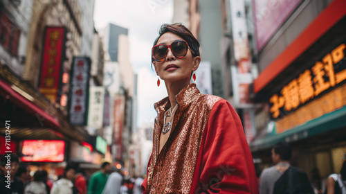 street style, asian, street, city, smiling, lifestyle, sunglasses, handsome, outdoors, model, standing, hong kong, woman, 50 years, 60 years, 70 years, glasses, fashion, looking, shopping, hair © Sugar & Kane