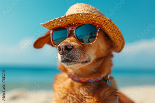 portrait of dog wearning sunglasses and hat on the beach