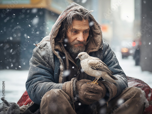 An unfortunate homeless man sits on the ground outside in winter with a sad look on his face. A frozen bird sits on the man's hand and warms itself. The concept of mercy, compassion and help. photo