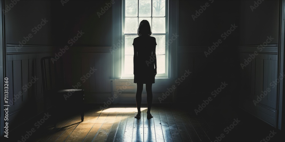 Silhouette of a woman standing by a window in a dark room with a chair to the side.