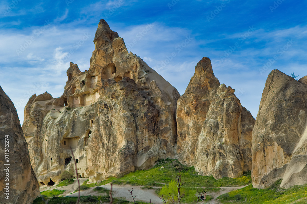 Typical Cappadocia landscape soft volcanic rock, shaped by erosion in Goreme, Turkey.