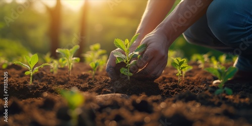 Close up of a person hands planting seedlings in soil at sunrise with a forest in the background. photo