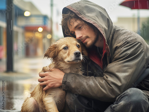 Homeless man holding a wet unhappy stray puppy in the rain on an empty street.