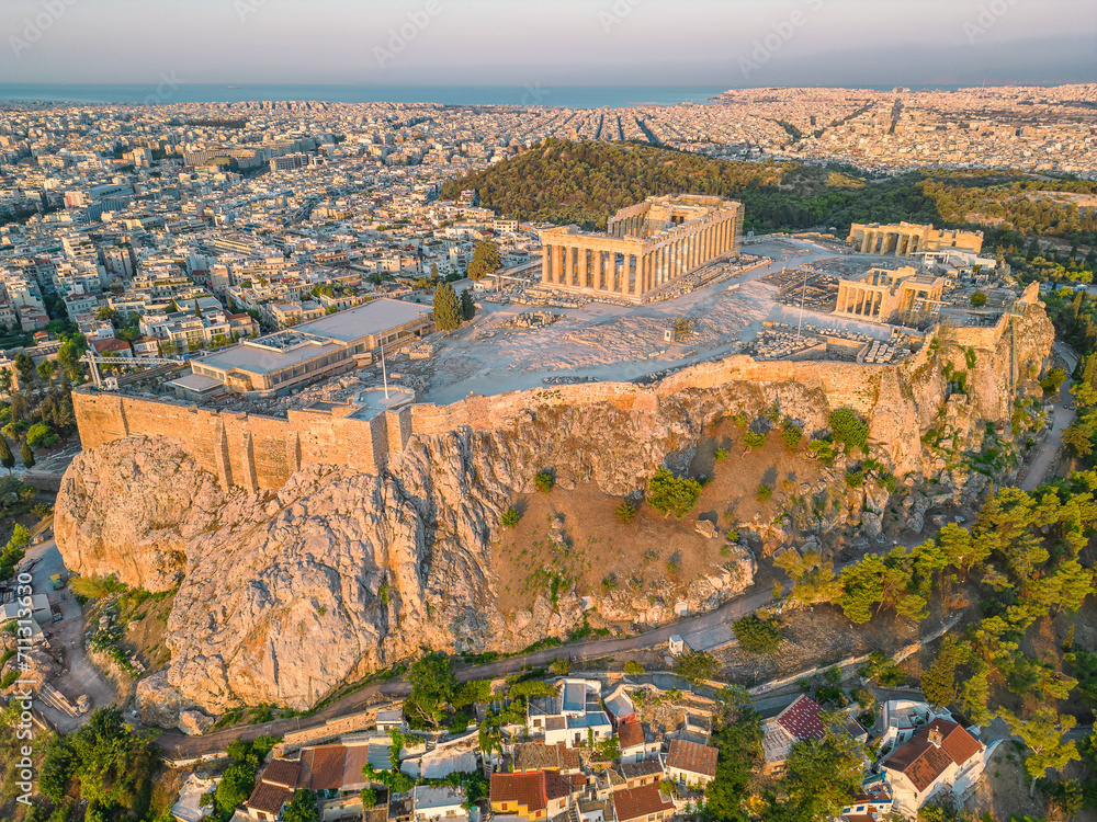 View of the ancient city of Athens and the Parthenon temple rising on the hill 