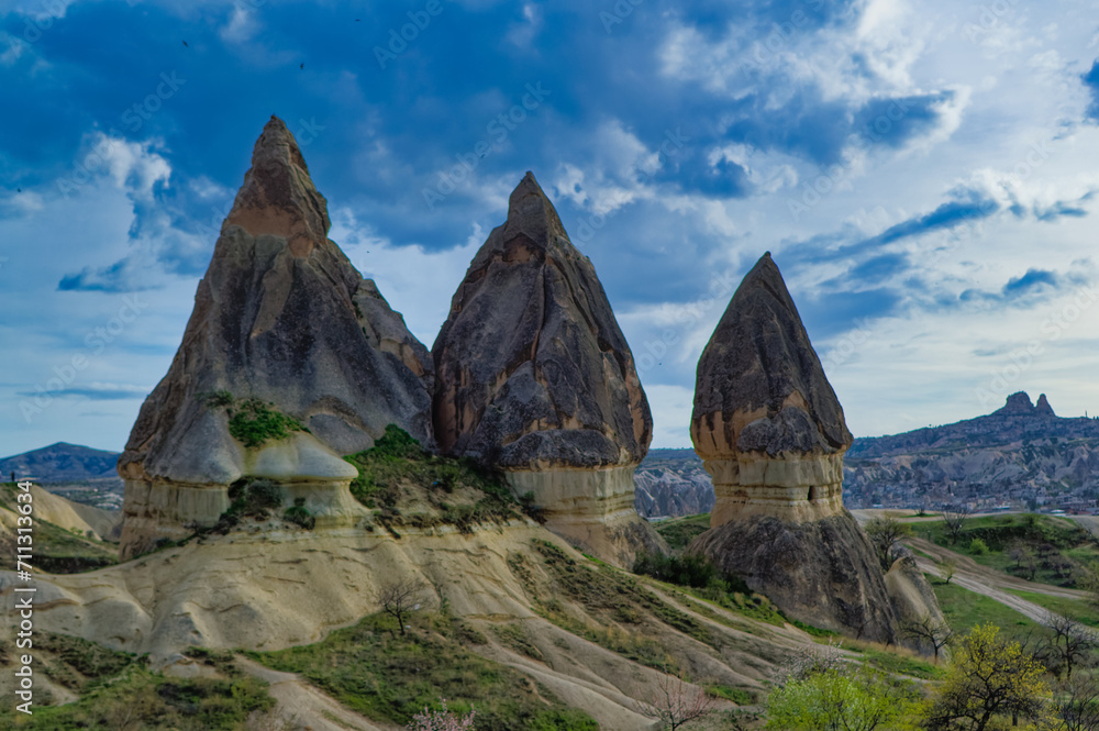Typical Cappadocia landscape soft volcanic rock, shaped by erosion in Goreme, Turkey.