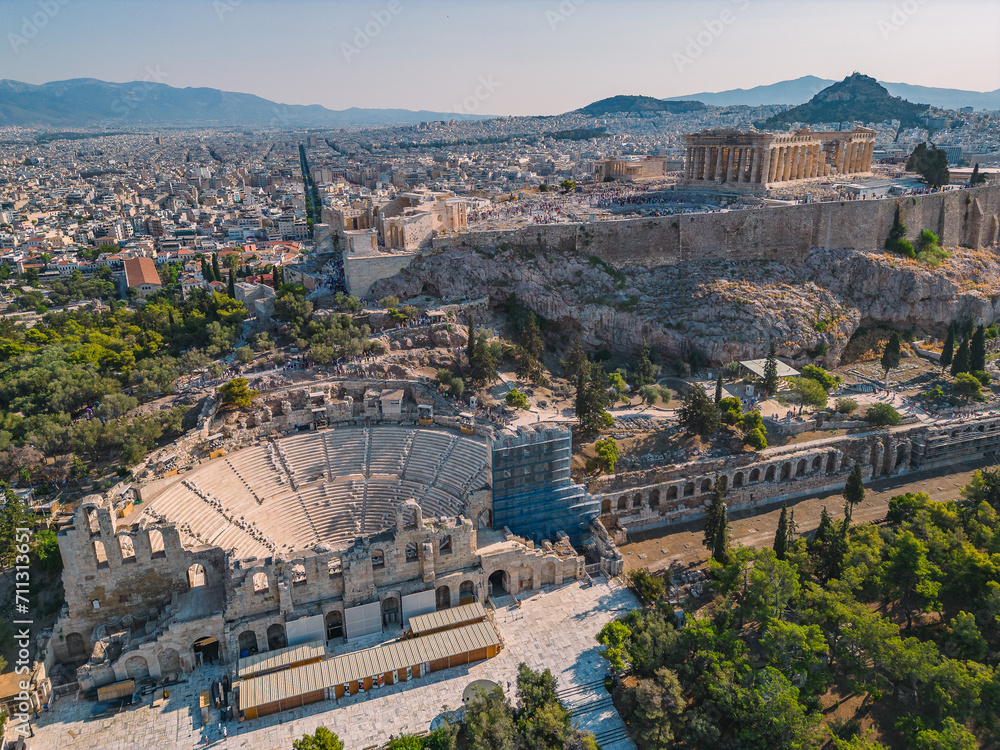 View of the ancient city of Athens and the Parthenon temple rising on the hill 