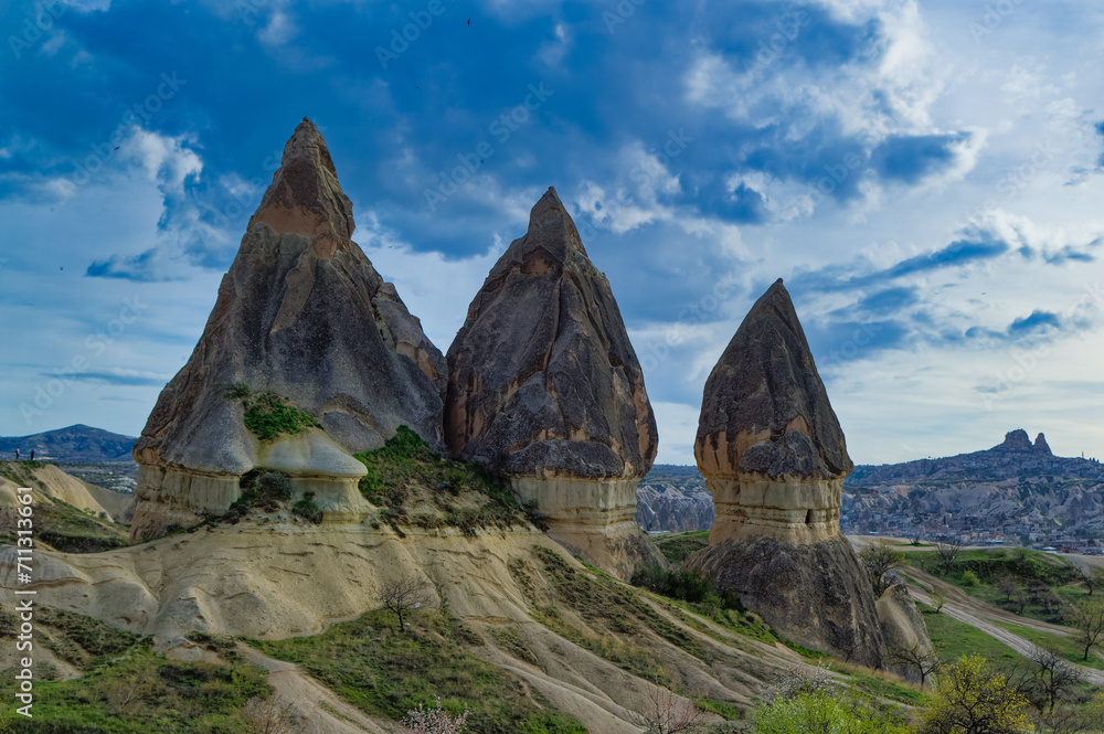 Typical Cappadocia landscape soft volcanic rock, shaped by erosion in Goreme, Turkey.