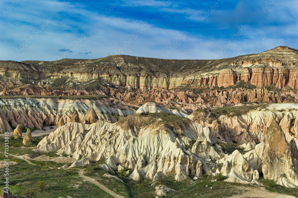 Typical Cappadocia landscape soft volcanic rock, shaped by erosion in Goreme, Turkey.