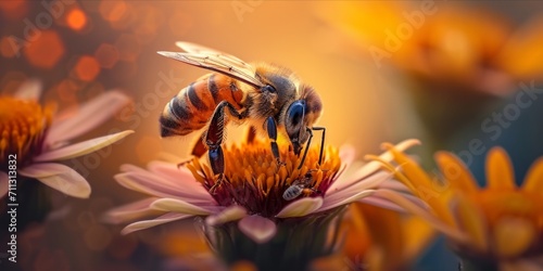 Honeybee on a flower with a warm, golden bokeh background © ParinApril