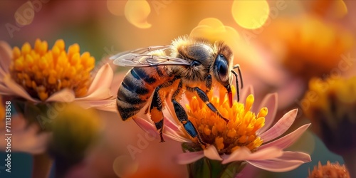 Honeybee on a flower with a warm, golden bokeh background