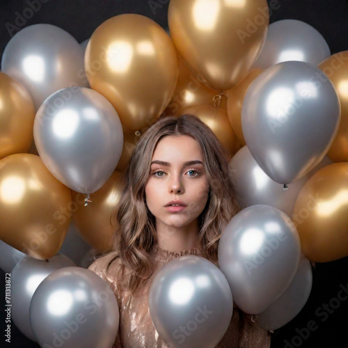 beauty with silver and gold balloons on the left and right edges on a plain holiday background