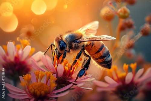 Honeybee on a flower with a warm, golden bokeh background © ParinApril
