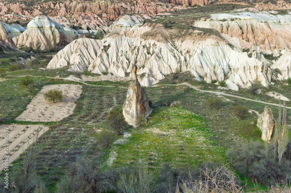 Typical Cappadocia landscape soft volcanic rock, shaped by erosion in Goreme, Turkey.