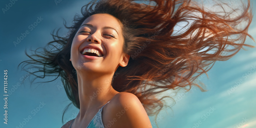 a woman with her hair flying in the air and smiling at the camera with her eyes closed and her hair blowing in the wind, generative ai a woman with her hair flying in the air and smiling at the camera with her eyes closed and her hair blowing in the wind, generative ai
