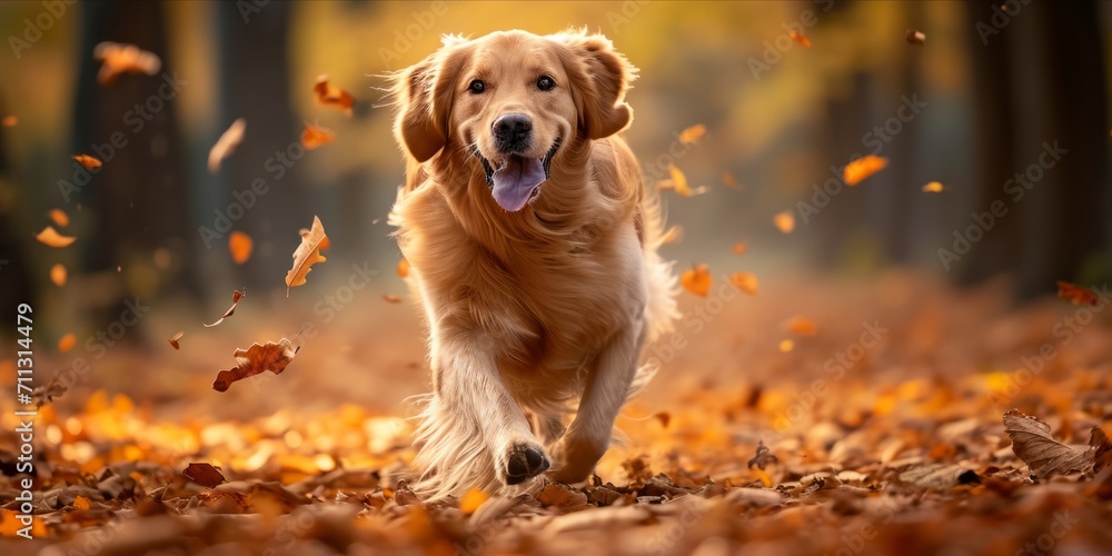 Golden retriever running joyfully through autumn leaves