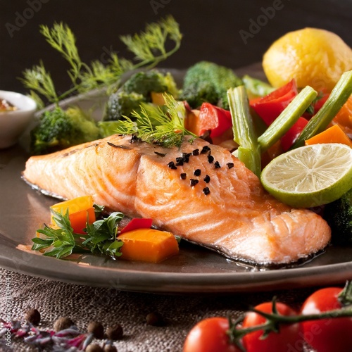 Tender Salmon Delight: Fillet Artfully Steamed with an Assortment of Fresh Vegetables