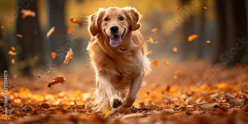 Golden retriever running joyfully through autumn leaves