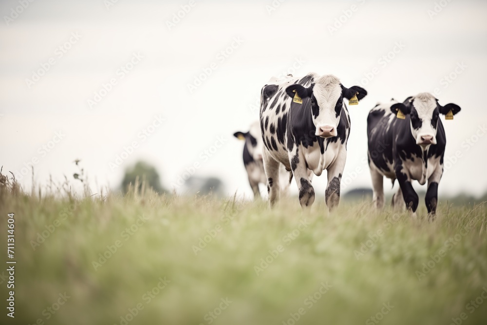 black and white cows walking single file on grass
