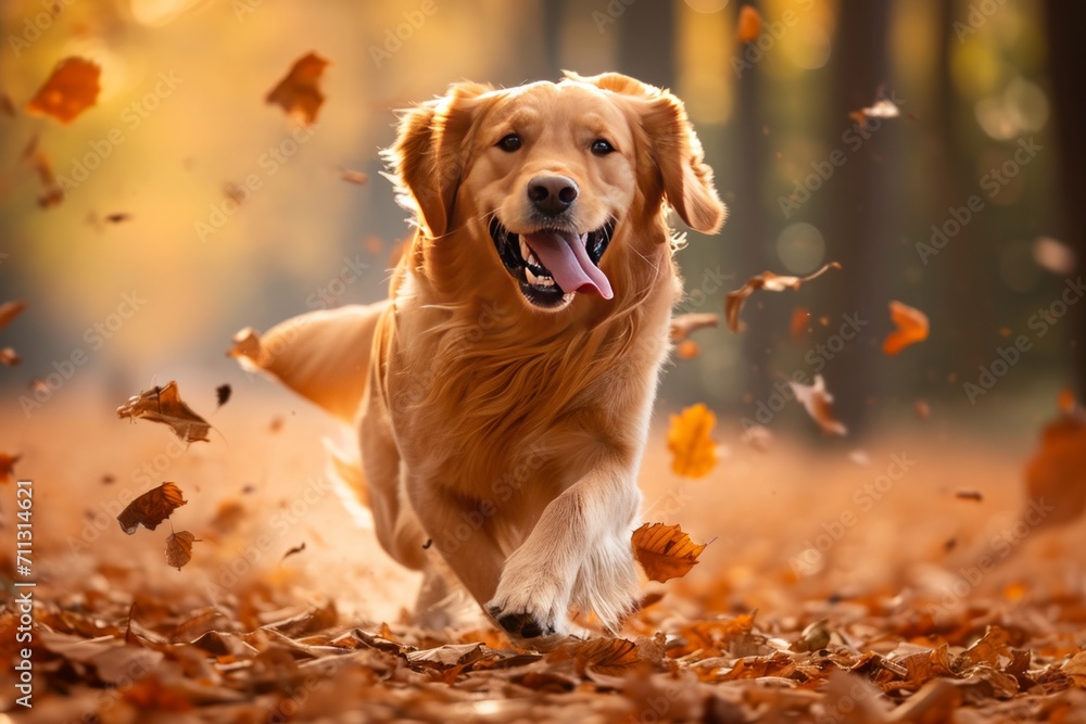 Golden retriever running joyfully through autumn leaves Golden retriever running joyfully through autumn leaves