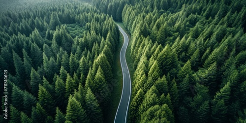 Aerial view of a road cutting through a dense forest © ParinApril