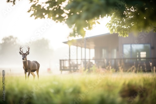 wildlife near cabin, deer grazing in morning mist photo