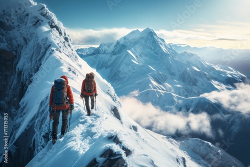 Two hikers ascending a snowy mountain range