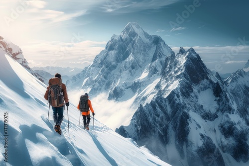 Two hikers ascending a snowy mountain range