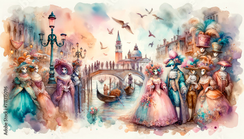Watercolor Whimsy at Venice Carnival: Masks, Gondolas, and Revelry