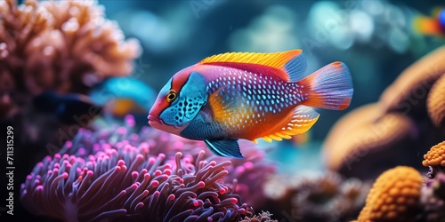 Tropical fish swimming in an aquarium with coral © ParinApril