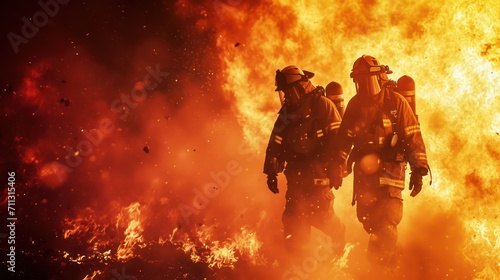 A fire-fighting background with ample copy space for text, showcasing a fire effect, a firefighter in full uniform, fireproof clothing, personal protective equipment, and an oxygen cylinder © Matthew