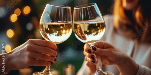 Two people clinking wine glasses photo