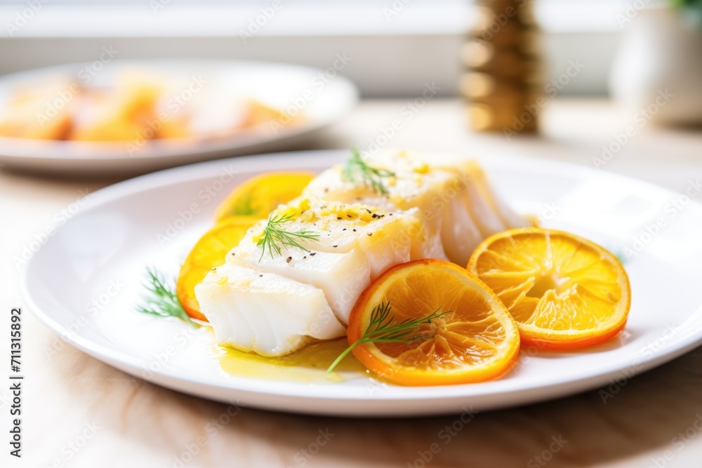 baked cod side view with lemon wedge garnish baked cod side view with lemon wedge garnish